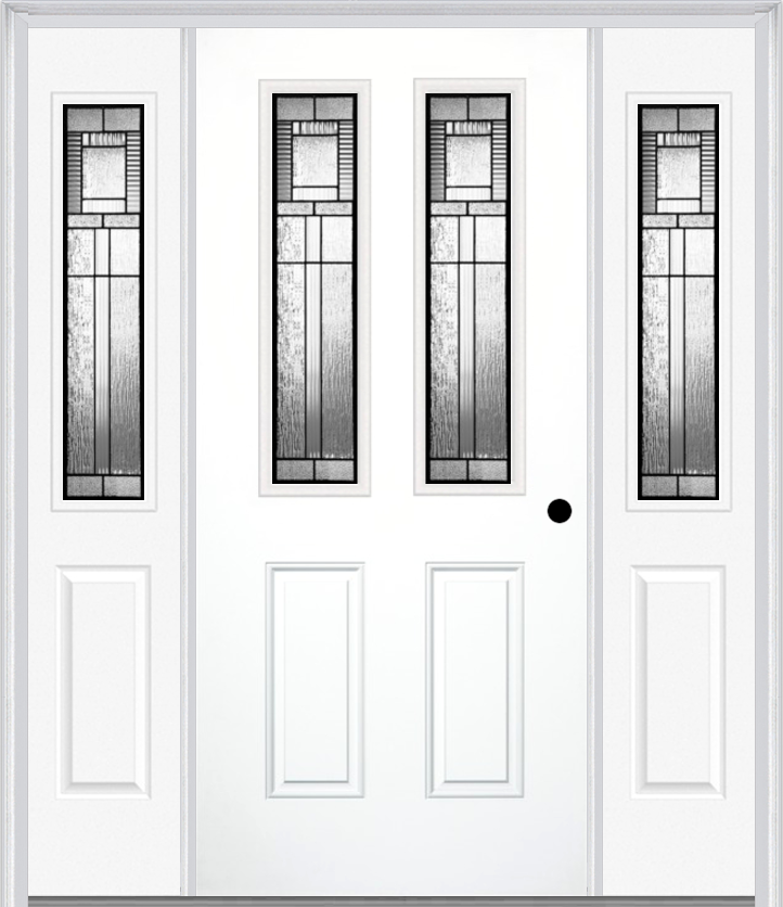 MMI 2-1/2 Lite 2 Panel 6'8" Fiberglass Smooth Royal Patina Exterior Prehung Door With 2 Half Lite Royal Patina Decorative Glass Sidelights 692